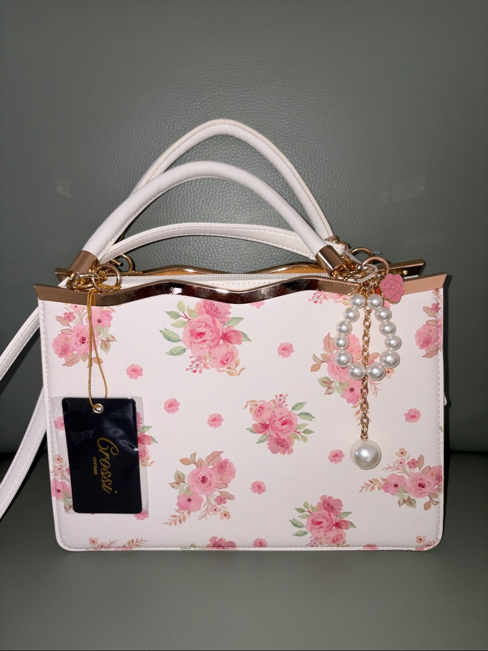 Grossi 🆕 York Floral Pearl Charm White & Pink Tote Bag
